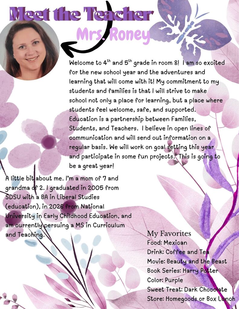 Please welcome our new 4/5 teacher, Mrs. Roney!