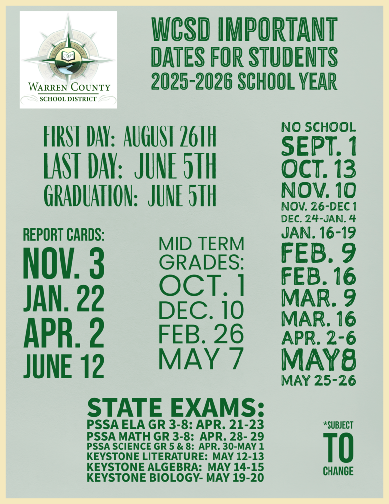 WCSD Important Dates for Students for the 2025-2026 School Year
