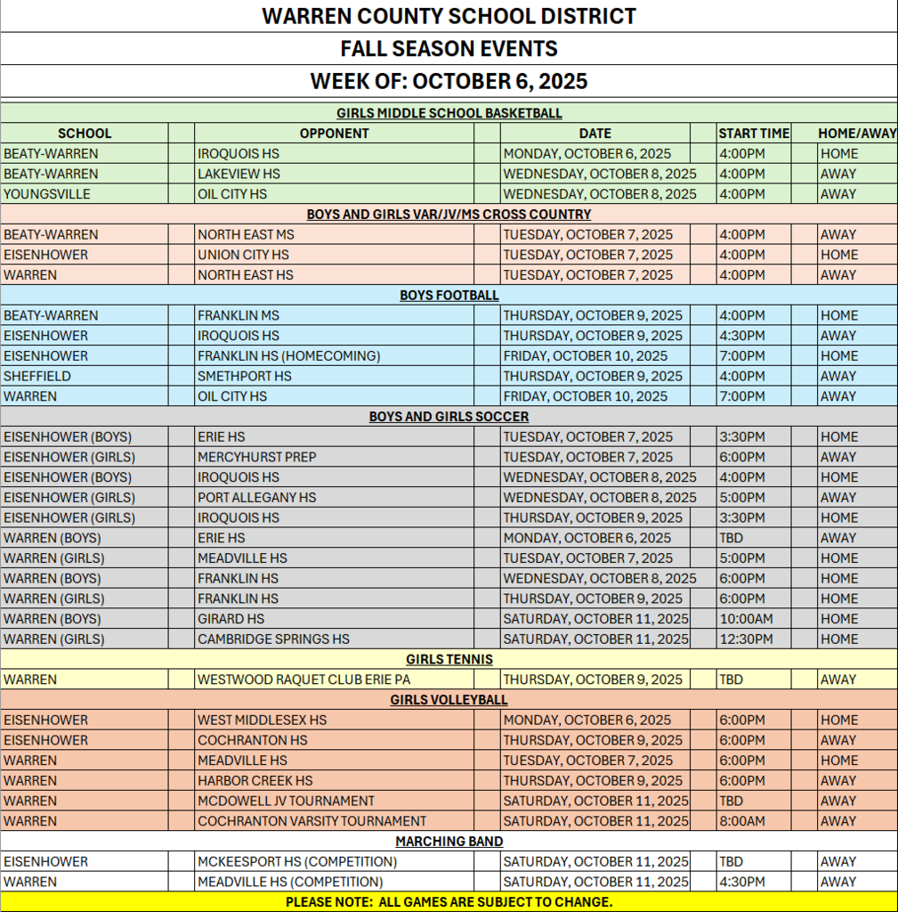 Fall Season Events by Sport October 6