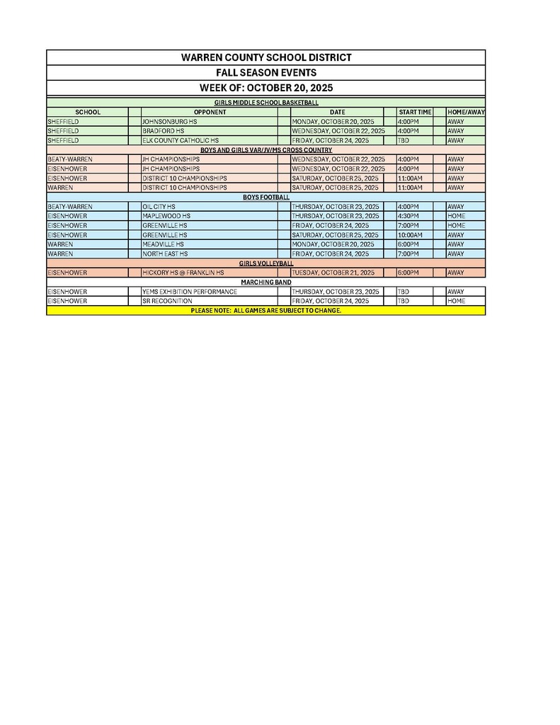 Fall Season Events by Sport Odober 20th