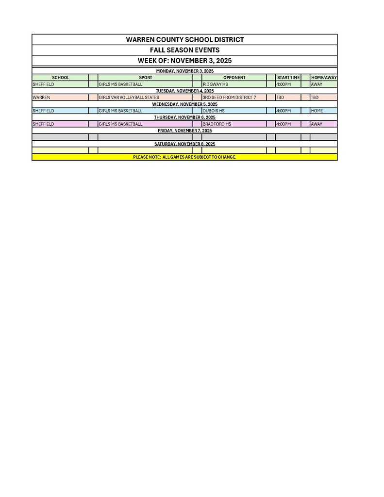WCSD Events by date week of Nov 3