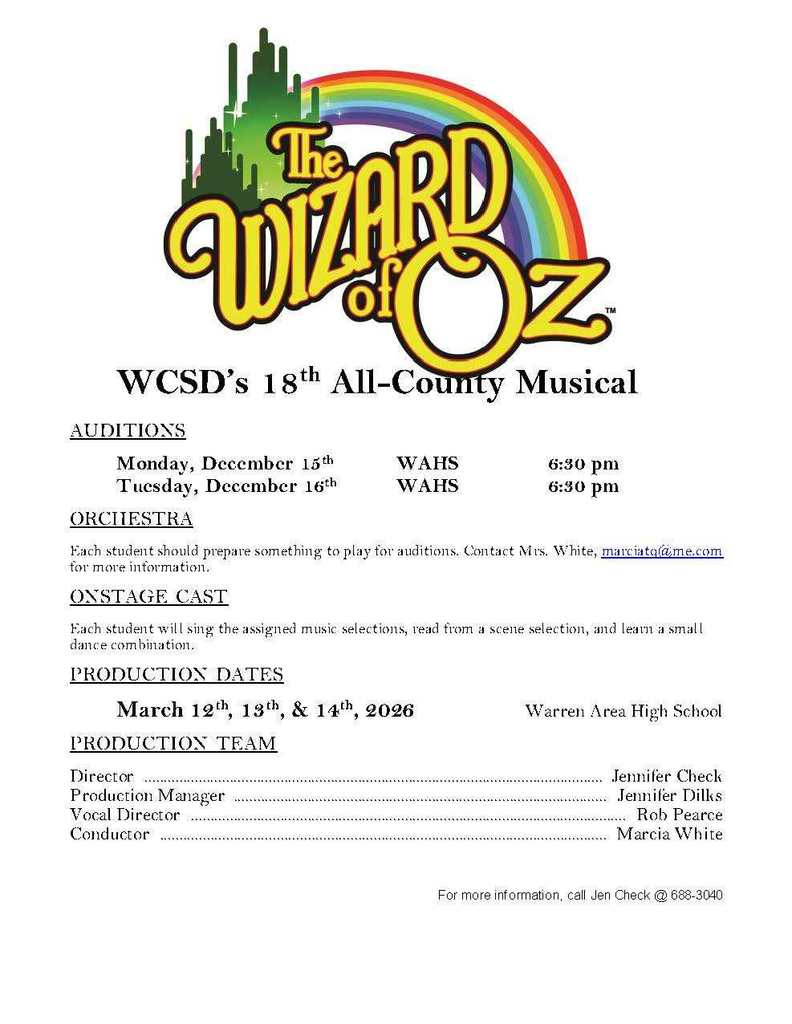 Wizard of Oz Audition Announcement Grades 9-12