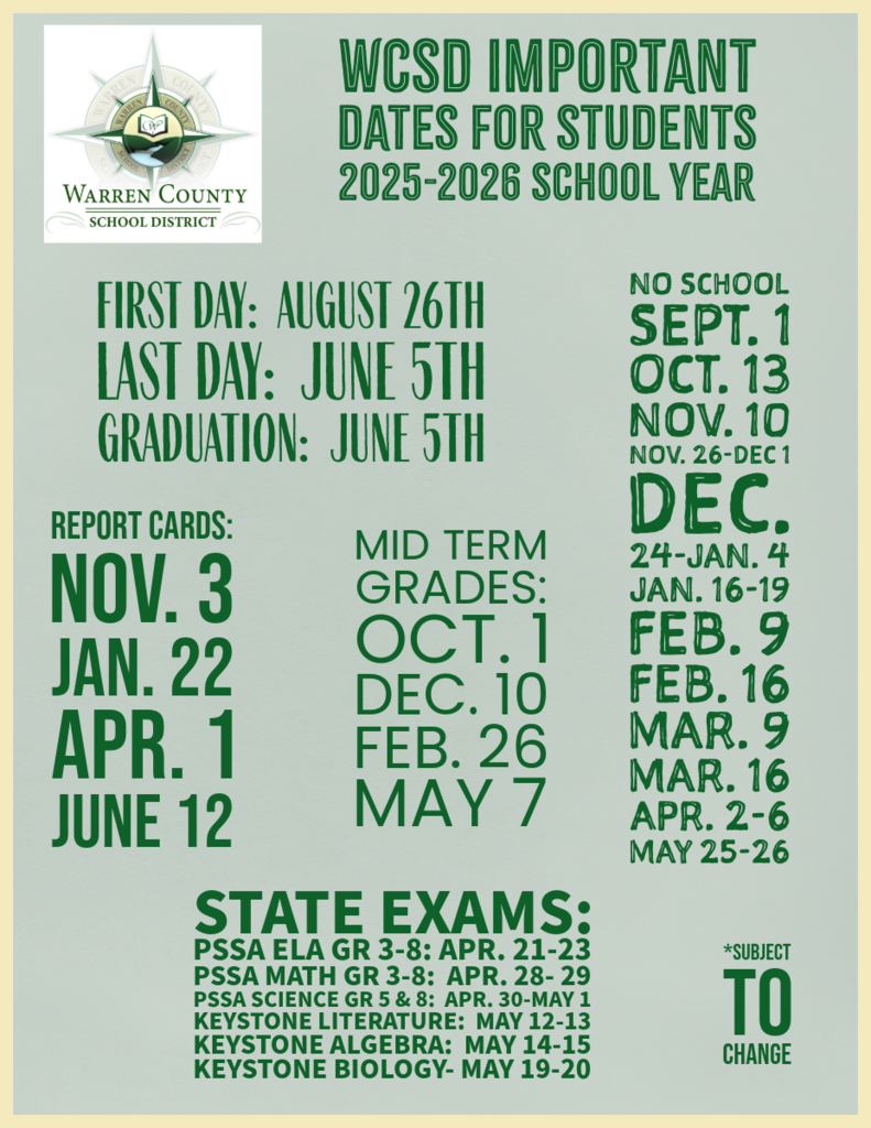 WCSD Important Dates for Students for the 2025-2026 School Year