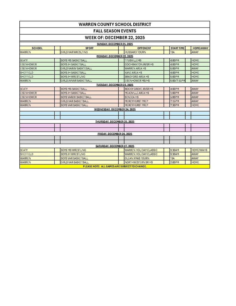 WCSD Events by Date week of December 22