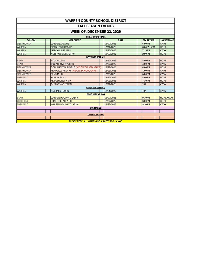 WCSD Events by sport week of December 22
