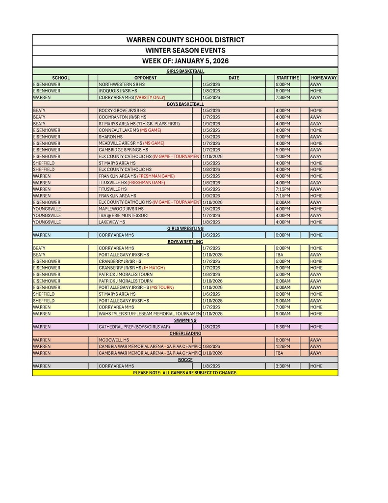 WCSD Events week of 1.5.26 to 1.10.26 by sport