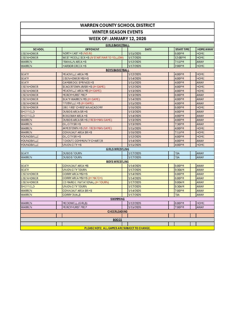 WCSD Events by date week of January 12th
