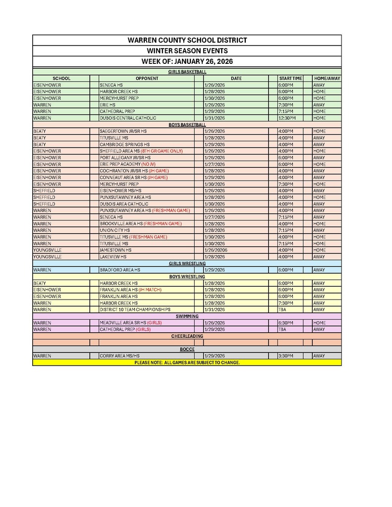 WCSD Athletic Events by date .week of January 26th