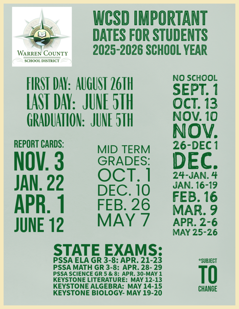 WCSD Important Dates for Students for the 2025-2026 School Year