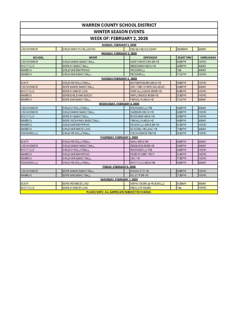 Winter season of events week of February 2nd by date
