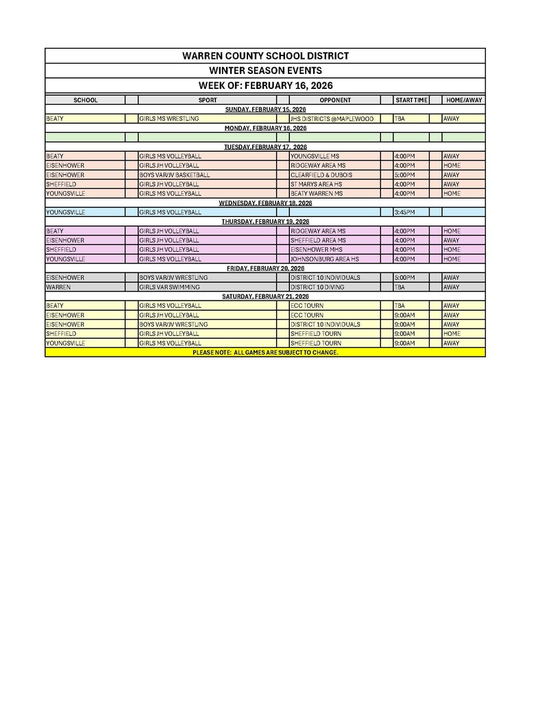 Winter season of events week of February16th by date