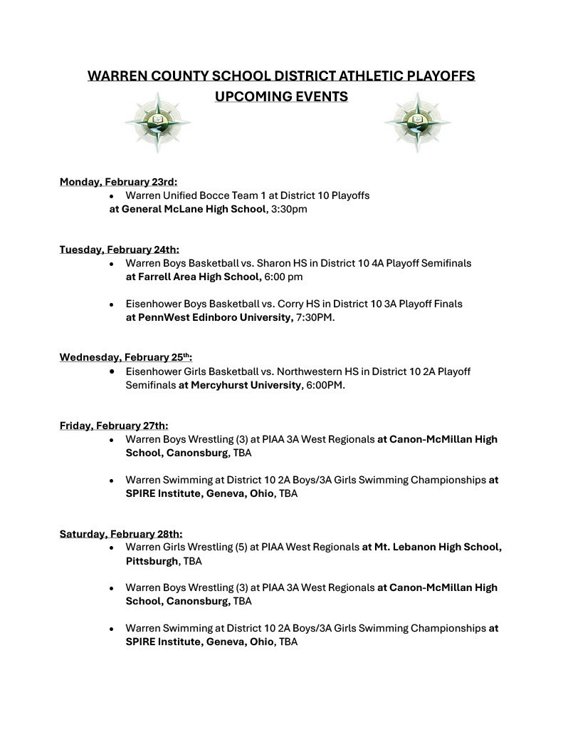 Warren County School District Athletic Playoffs Week of February 23rd