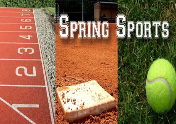 Spring sports with track on left with 8 lanes,  baseball/softball base on dirt in middle and tennis ball on grass on the left