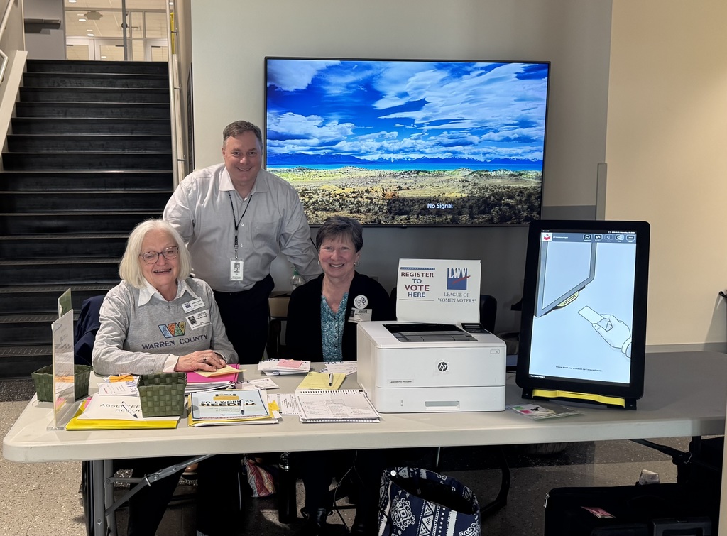 Mr. Gary Weber, superintendent of Warren County School District with Ms. Sally Beckerink of the League of Women Voters at Warren County Career Center.