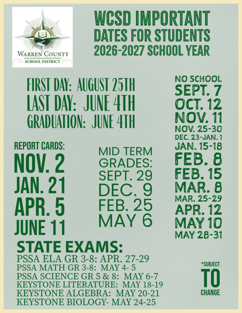 WCSD Important Dates for Students for the 2026-2027 School Year