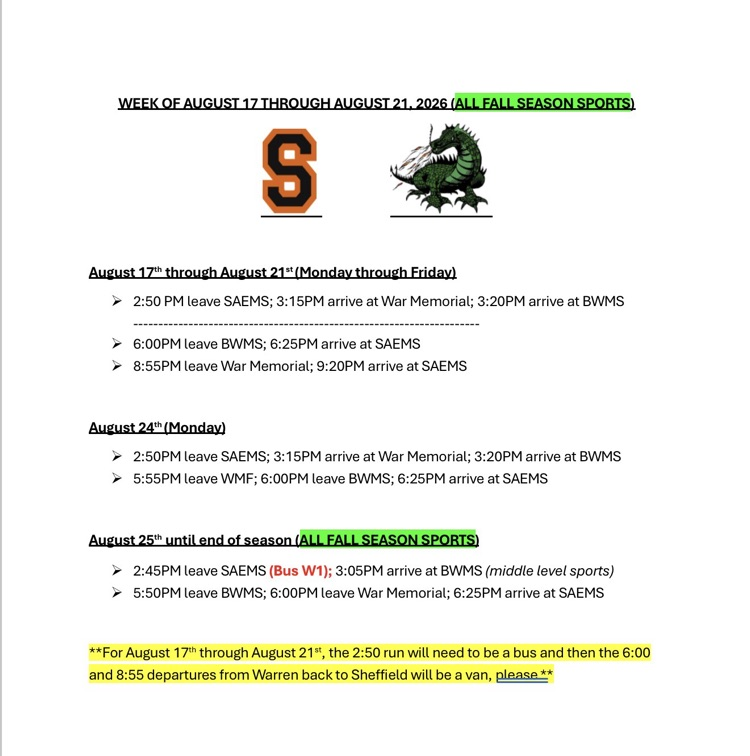 fall sport bus schedule week of Aug 17