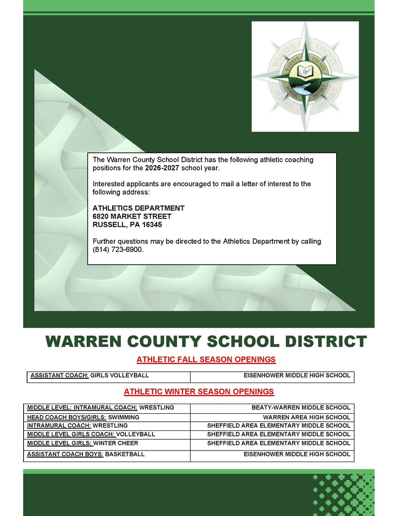 Athletic Coaching Position Openings for the 26.27 school year for fall and winter sports