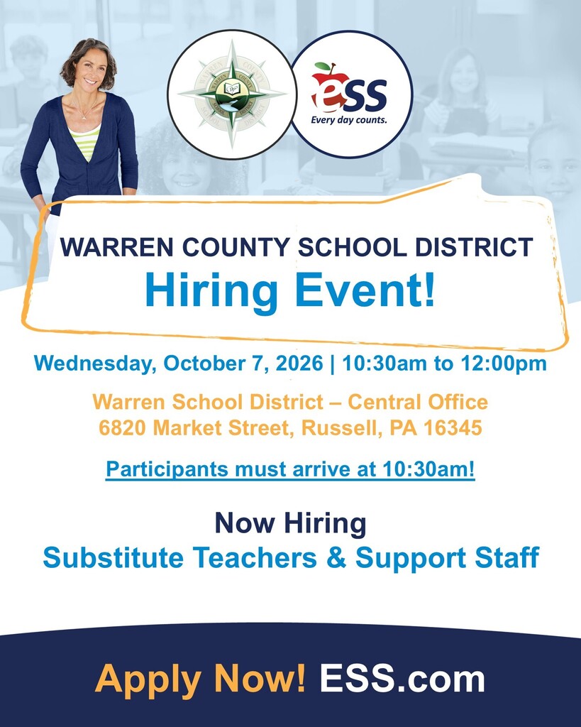Warren County School District Hiring Event Wednesday October 7th at 10:30 at Central Office