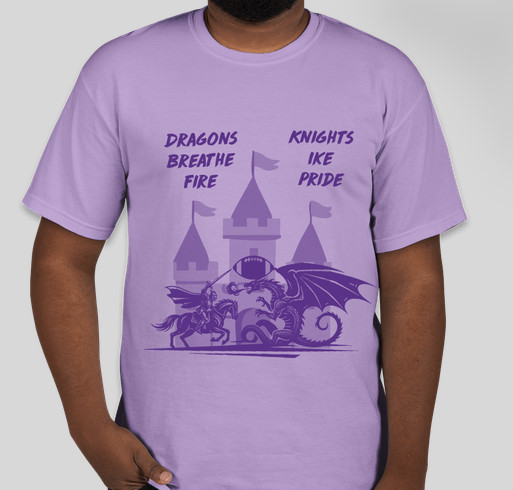 Person wearing purple tshirt that says Dragons breathe fire and Kinights Ike Pride