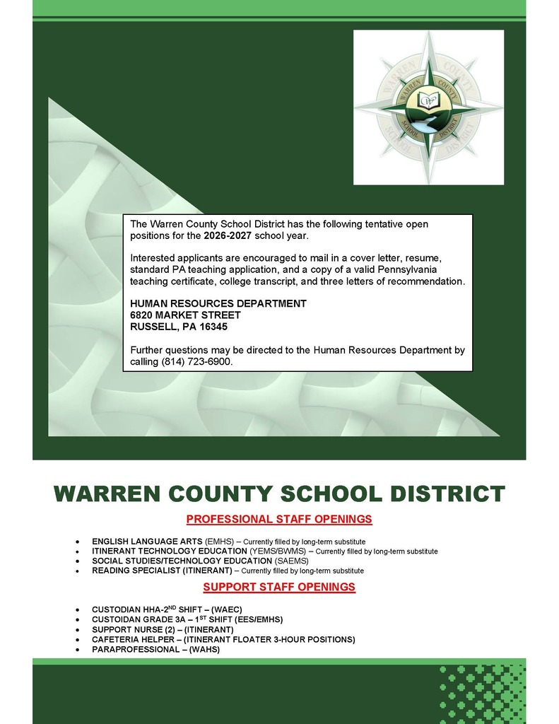 Warren County School District Professional and Support Staff Openings