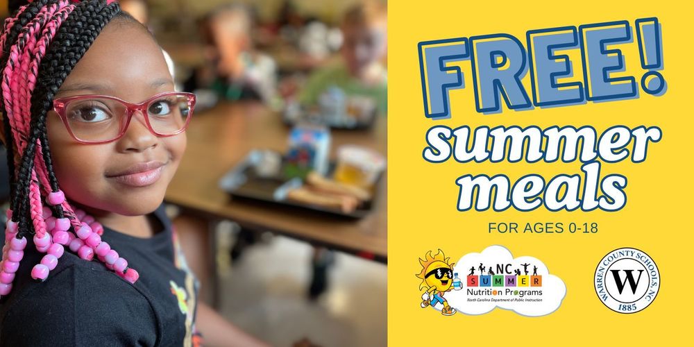 Elementary-age girl smiling looking at the camera. Her lunch tray with food is blurred in the background along with other students eating lunch. Text: Free! Summer meals for ages 0-18.
