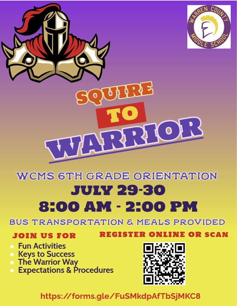 Warren County Middle School 6th Grade Orientation July 29-30 2026