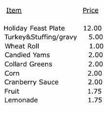 Thanksgiving a la carte pricing
