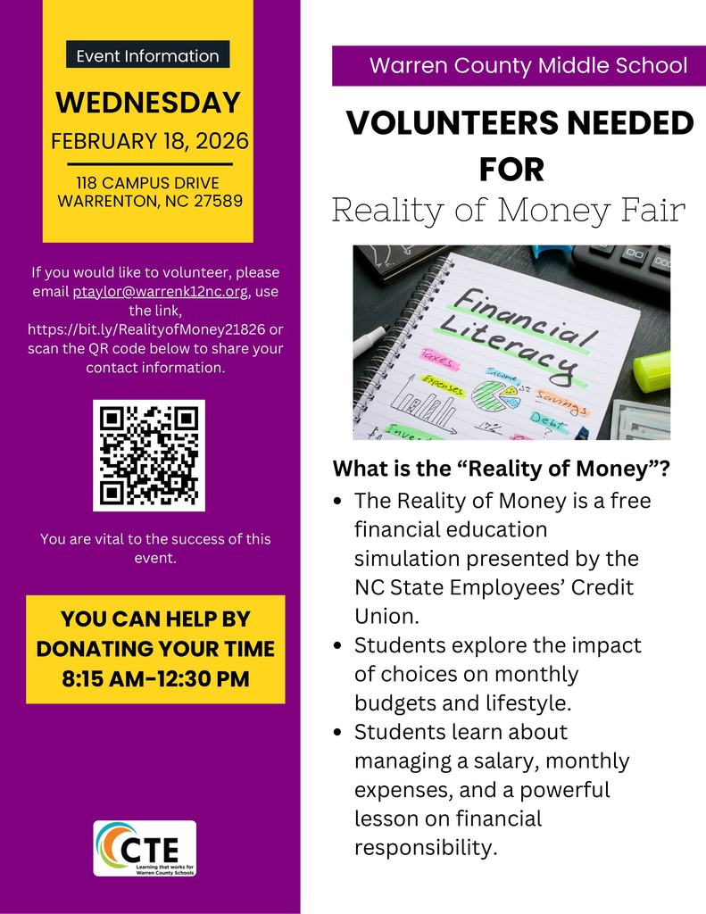 Volunteers needed for Reality of Money Fair - February 18 2026
