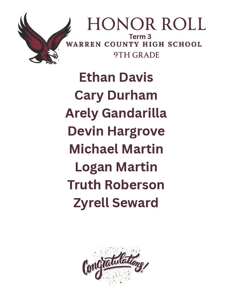 Warren County High School Principals List Honor Roll Students Term 3 2026