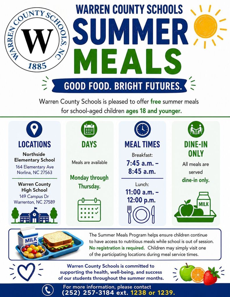 Warren County Schools Summer Meals available at Northside Elementary and Warren County High School