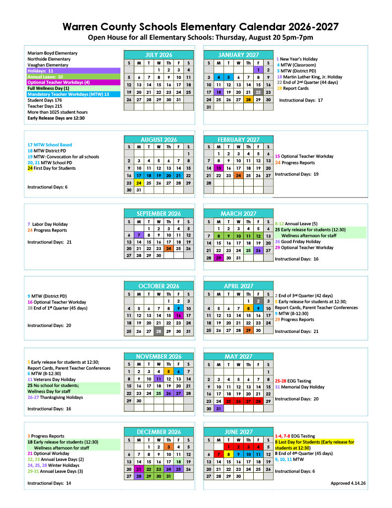 Warren County Schools Elementary 2026-2027 Calendars