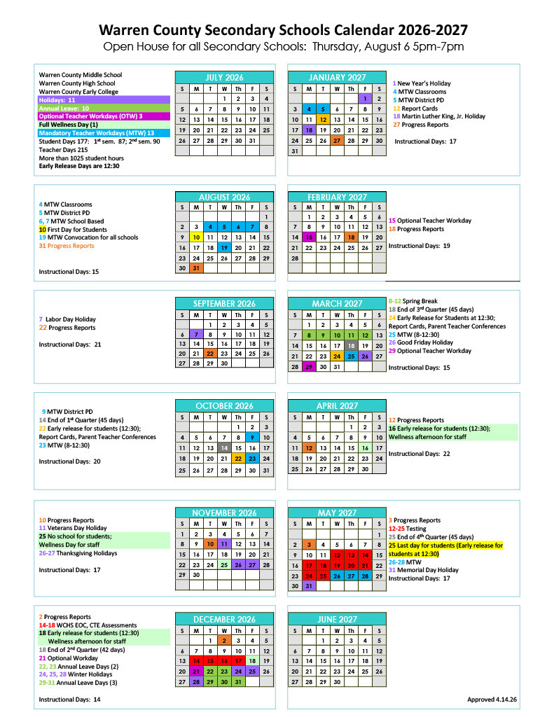 Warren County Schools Secondary 2026-2027 Calendars