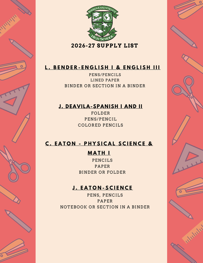 WECHS Student Supply List 2026-2027