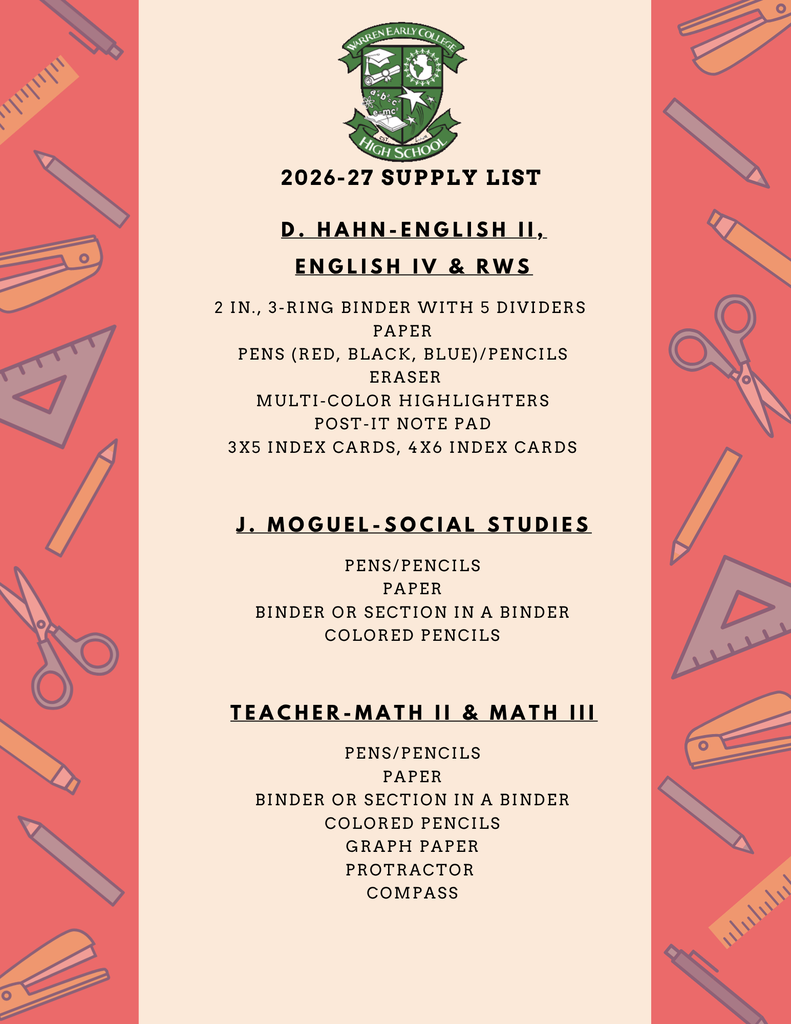 WECHS Student Supply List 2026-2027