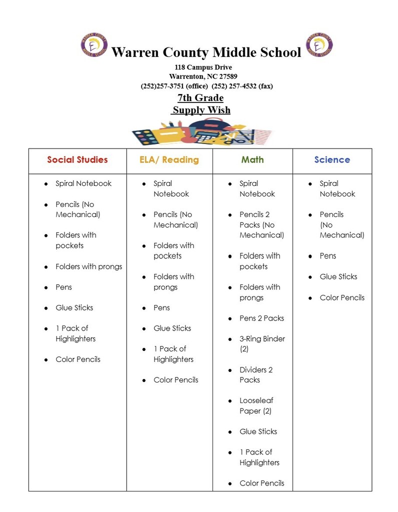 WCMS 2026-2027 SUPPLIES WISH LIST