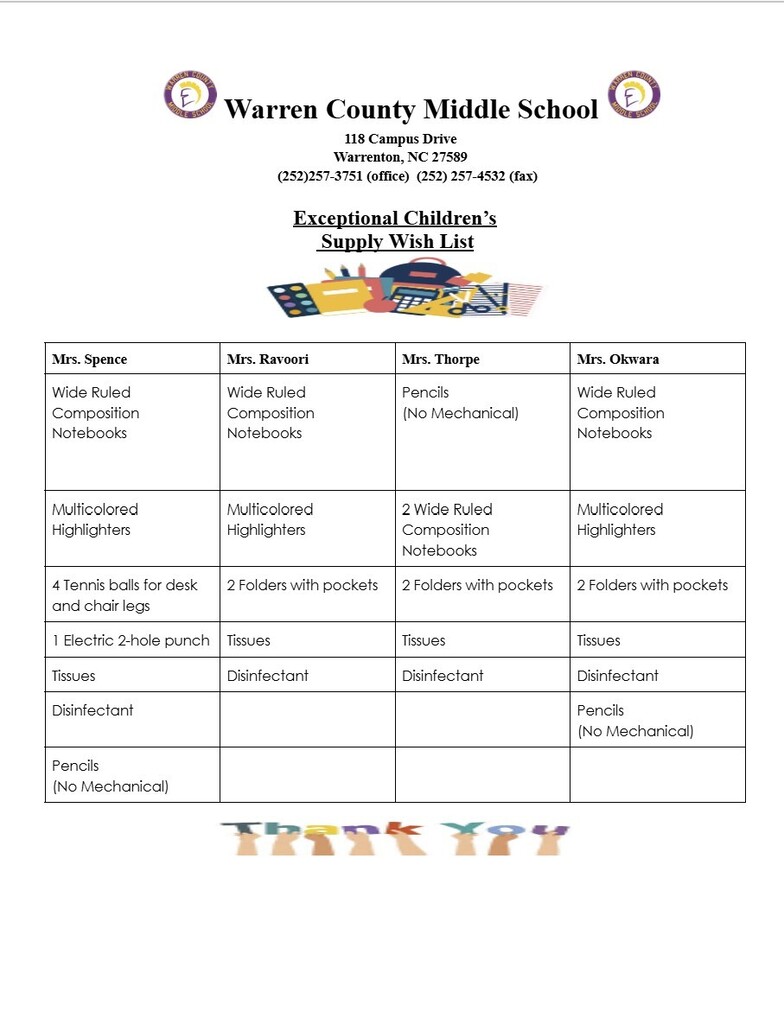 WCMS 2026-2027 SUPPLIES WISH LIST