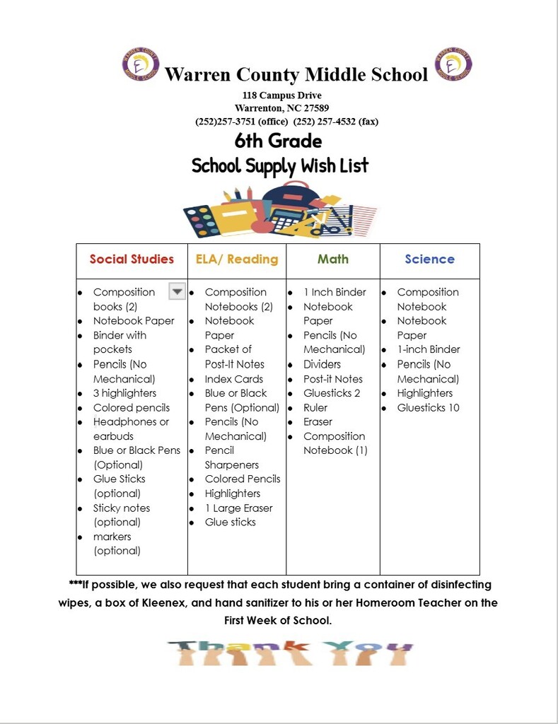 WCMS 2026-2027 SUPPLIES WISH LIST