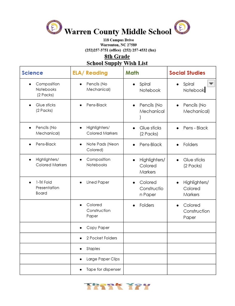 WCMS 2026-2027 SUPPLIES WISH LIST