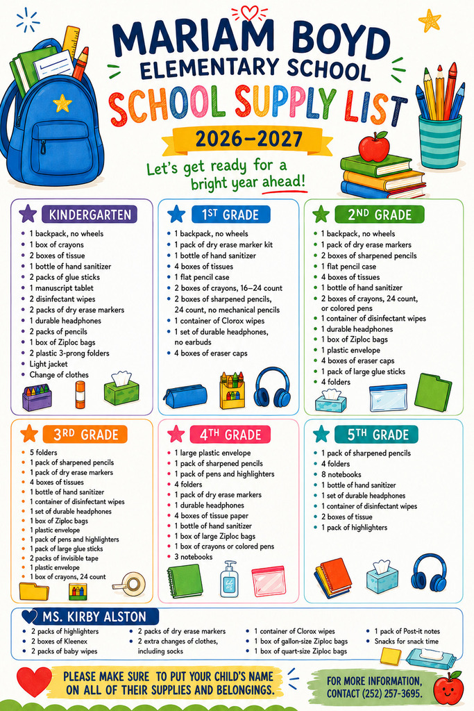 Mariam Boyd Elementary School Supply List 2026-2027