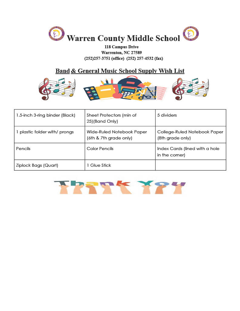 Warren County Middle School Band and Music School Supply List 2026-2027