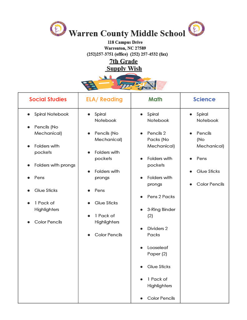 Warren County Middle School 7th Grade School Supply List 2026-2027