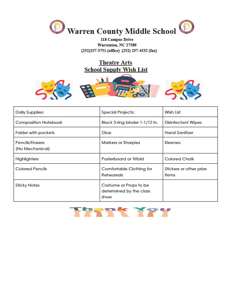 Warren County Middle School Theatre Arts School Supply List 2026-2027