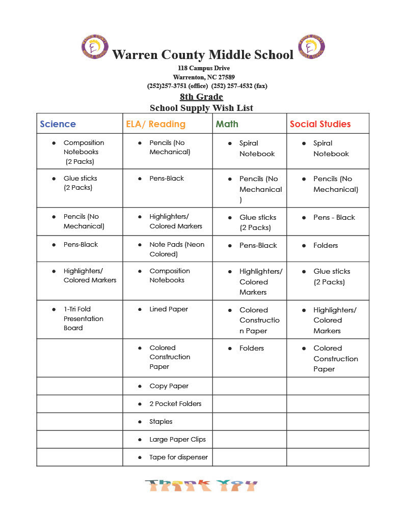 Warren County Middle School 8th Grade School Supply List 2026-2027