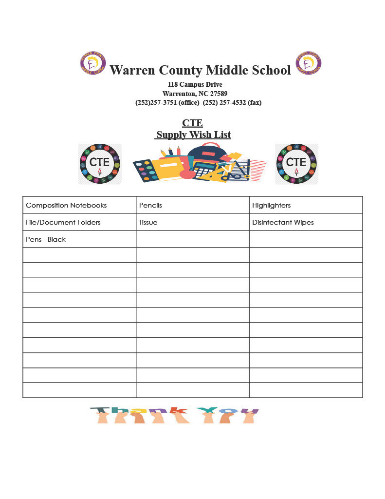 Warren County Middle School CTE School Supply List 2026-2027