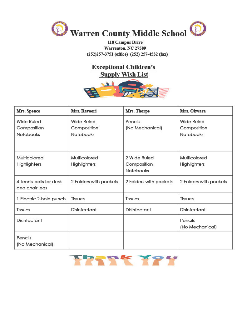 Warren County Middle School Exceptional Children EC School Supply List 2026-2027
