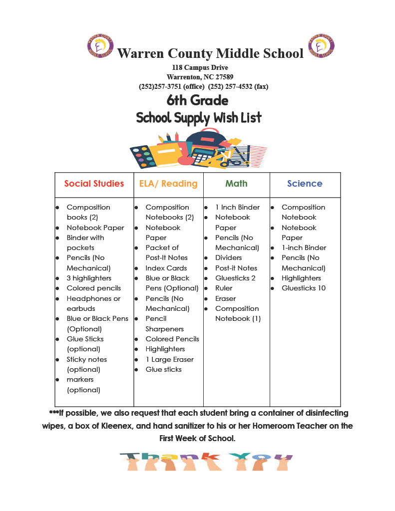 Warren County Middle School 6th Grade School Supply List 2026-2027