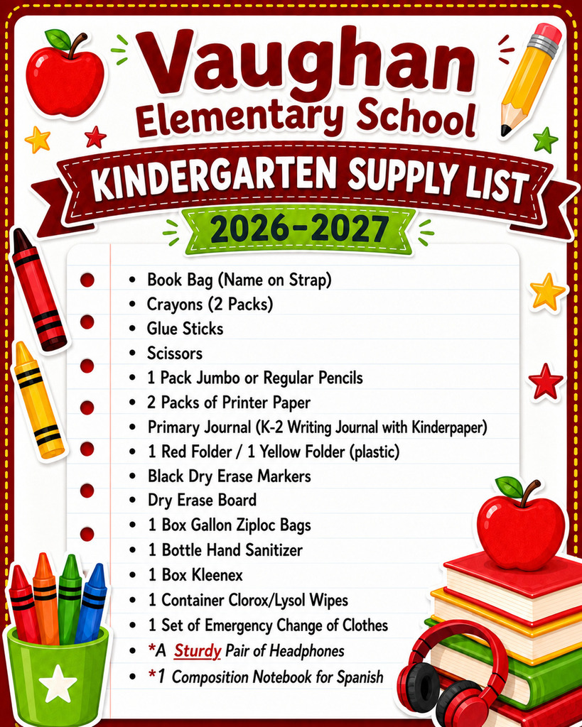 Vaughan Elementary School Supply List 2026-2027 Kindergarten