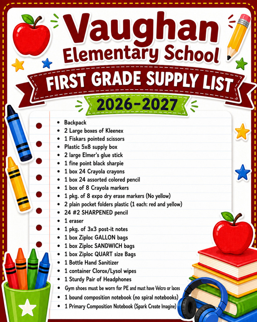 Vaughan Elementary School Supply List 2026-2027 First Grade