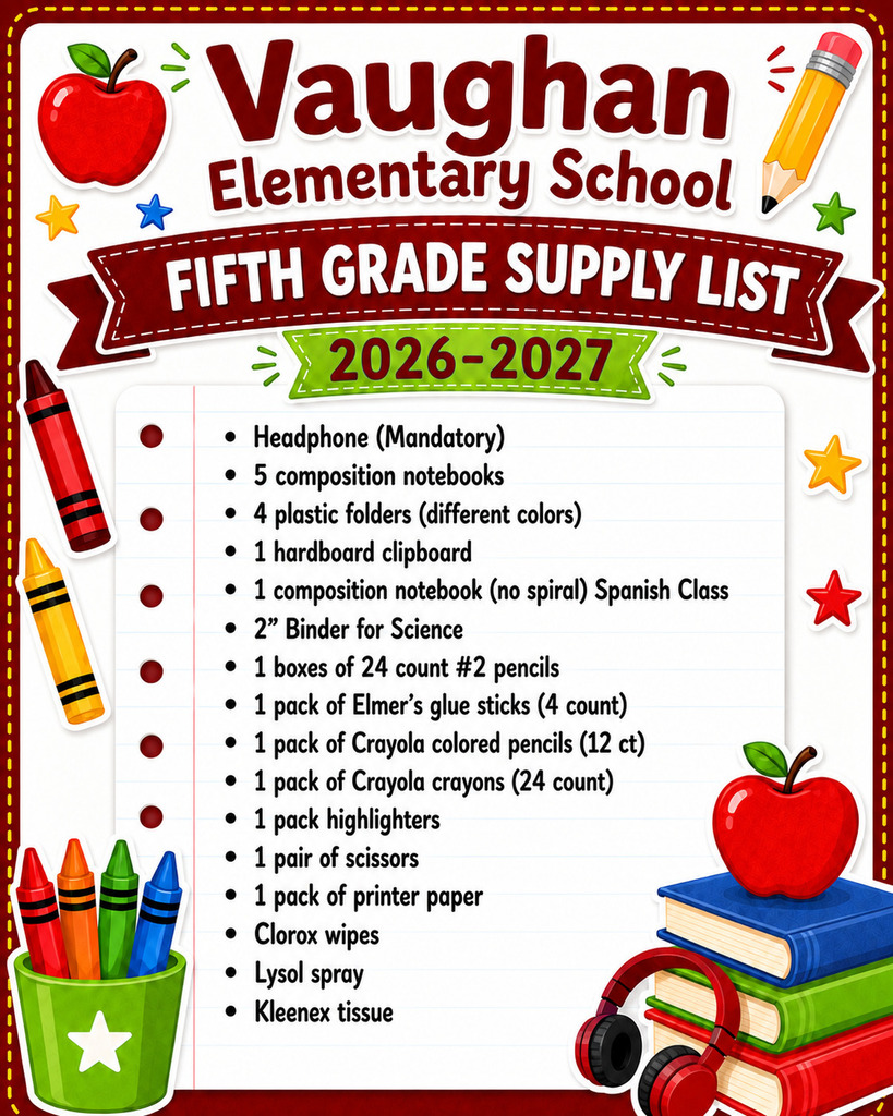 Vaughan Elementary School Supply List 2026-2027 Fifth Grade