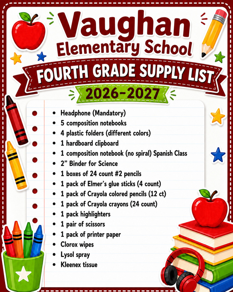 Vaughan Elementary School Supply List Fourth Grade